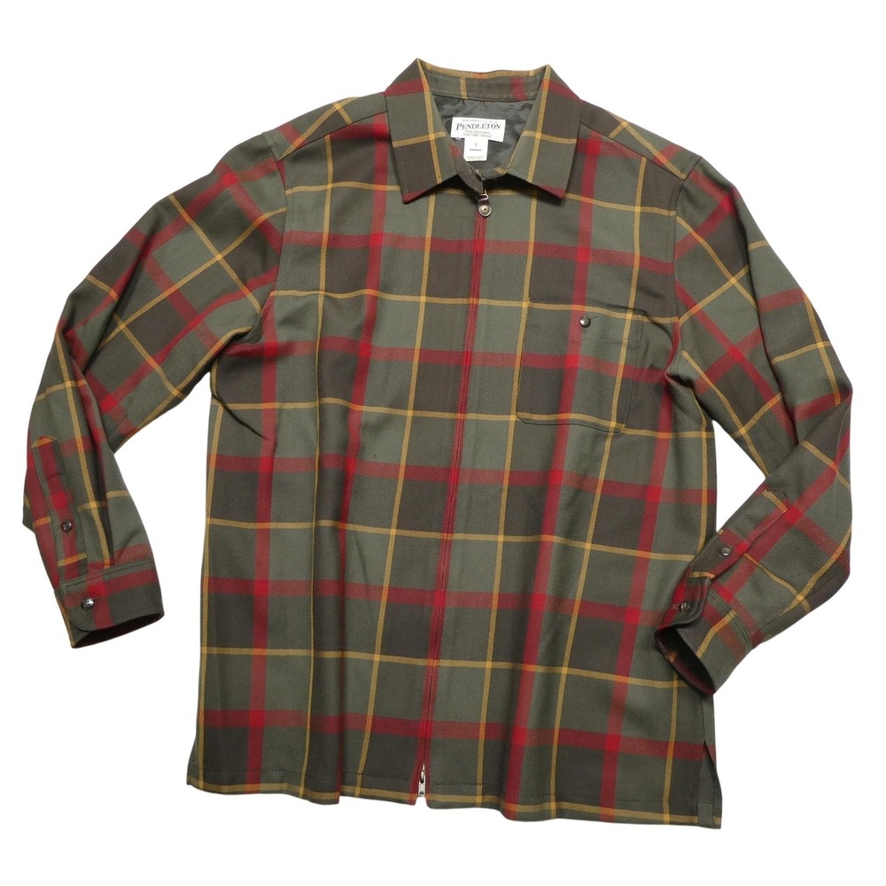 Pendleton Jacket Mens Large Green Wool Plaid Full Zip Bomber Shirt Lined Outdoor
